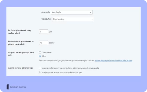 wordpress okuma ayarlari